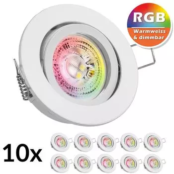 Набор из 10 встраиваемых светодиодных точечных светильников RGB GU10 белого цвета со светодиодами мощностью 3 Вт от LEDANDO - 11 цветов + теплый белый - вкл. пульт дистанционного управления - с регулируемой яркостью - круглые.