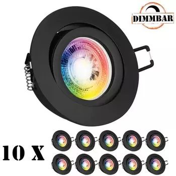 Набор из 10 встраиваемых светодиодных точечных светильников RGB GU10 черного матового цвета со светодиодами LEDANDO мощностью 3 Вт - 11 цветов + холодный белый - вкл. пульт дистанционного управления - с регулируемой яркостью - круглые., черный