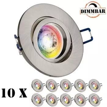 Набор из 10 встраиваемых светодиодных точечных светильников RGB GU10 из нержавеющей стали/матового серебра со светодиодом 3 Вт от LEDANDO - 11 цветов + холодный белый - вкл. пульт дистанционного управления - с регулируемой яркостью - круглый.