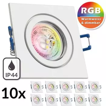 Набор из 10 встраиваемых светодиодных точечных светильников IP44 RGB GU10 белого цвета со светодиодом 3 Вт от LEDANDO - 11 цветов + теплый белый - вкл. пульт дистанционного управления - с регулируемой яркостью - квадратный - для ванной комнаты