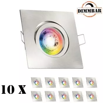 Набор из 10 встраиваемых точечных светильников RGB LED GU10 из нержавеющей стали/матового серебра со светодиодами мощностью 3 Вт от LEDANDO - 11 цветов + теплый белый - вкл. пульт дистанционного управления - с регулируемой яркостью - квадратный.