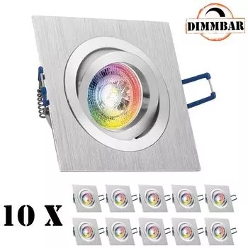 Набор из 10 встраиваемых точечных светильников RGB LED GU10 из матового алюминия со светодиодами LEDANDO мощностью 3 Вт - 11 цветов + холодный белый - вкл. пульт дистанционного управления - с регулируемой яркостью - квадратный.