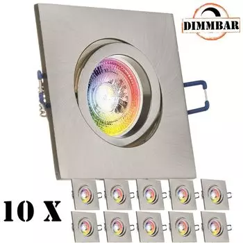 Набор из 10 встраиваемых точечных светильников RGB LED GU10 из нержавеющей стали/матового серебра со светодиодами мощностью 3 Вт от LEDANDO - 11 цветов + теплый белый - вкл. пульт дистанционного управления - с регулируемой яркостью - квадратный.