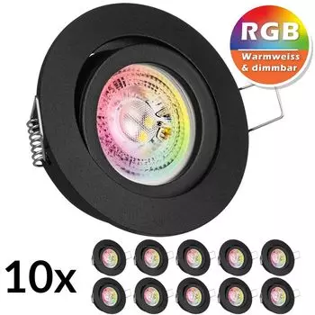 Набор из 10 встраиваемых точечных светильников RGB со светодиодами GU10 черного цвета со светодиодами мощностью 3 Вт от LEDANDO - 11 цветов + теплый белый - вкл. пульт дистанционного управления - с регулируемой яркостью - круглые., черный