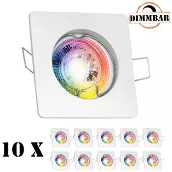 Набор из 10 встраиваемых точечных светильников RGB LED GU10 белого цвета со светодиодами мощностью 3 Вт от LEDANDO - 11 цветов + холодный белый - вкл. пульт дистанционного управления - с регулируемой яркостью - квадратный.