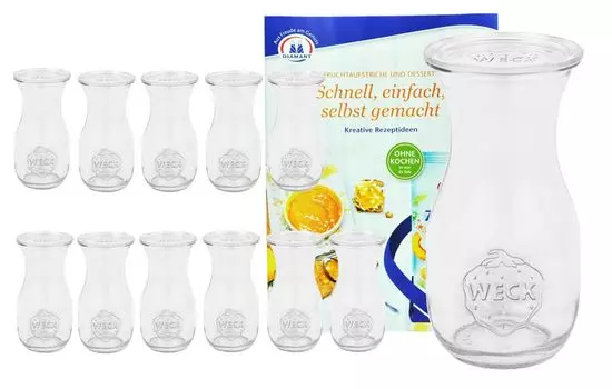 Набор из 12 стаканов Weck, бутылок для сока емкостью 290 мл с 12 стеклянными крышками, включая буклет с волшебными рецептами алмазного желирования MamboCat