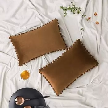 Набор из 2 бархатных наволочек, декоративные наволочки с помпоном, однотонные мягкие наволочки с квадратными помпонами для дивана, дивана, спальни, автомобиля, 18x18 дюймов, темно-зеленый HannRTT