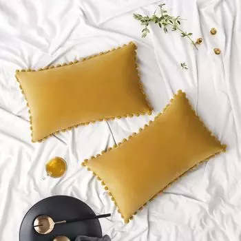 Набор из 2 бархатных наволочек, декоративные наволочки с помпоном, однотонные мягкие наволочки с квадратными помпонами для дивана, дивана, спальни, автомобиля, 18x18 дюймов, темно-зеленый HannRTT