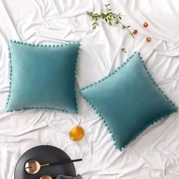 Набор из 2 бархатных наволочек, декоративные наволочки с помпоном, однотонные мягкие наволочки с квадратными помпонами для дивана, дивана, спальни, автомобиля, 18x18 дюймов, темно-зеленый HannRTT