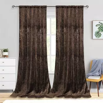 Набор из 2 бархатных штор, затемняющих штор, тепловых штор, роскошных декоративных штор с цветочным узором для гостиной, спальни, Ш 132 x В 244 см, Коричневый PMS