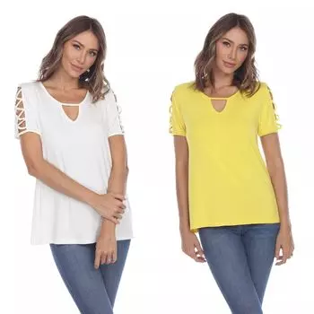 Набор из 2 белых топов Essential с вырезом под горло WM Fashion, белый/желтый
