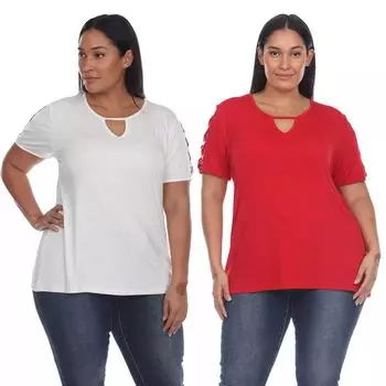 Набор из 2 белых топов с вырезом Essential Plus WM Fashion, белый/красный