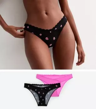 Набор из 2 бразильских трусов с разноцветной кружевной отделкой New Look, черный