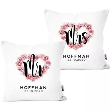Набор из 2 чехлов на подушки Mr & Mrs Partner с именем и датой в качестве свадебного подарка в форме сердца с цветами SpecialMe flowers в форме сердца, белые, 40 см x 40 см