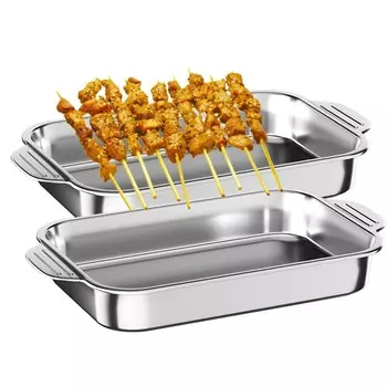 Набор из 2-х прямоугольных противней из нержавеющей стали: Сковорода для запекания индейки Deep Dish для хлеба, курицы и овощей, 32*19*5см, нержавеющая сталь, прямоугольник mc star