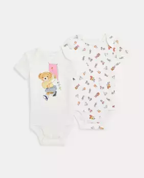 Набор из 2 хлопковых боди для девочек с медведем Поло Polo Ralph Lauren, белый