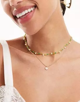 Набор из 2 колье ASOS DESIGN с зелеными бусинами и дисками