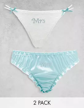 Набор из 2 комплектов кремовых и синих стрингов из атласа и кружева со стразами ASOS DESIGN