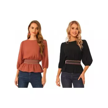 Набор из 2 комплектов топов с баской для женских блузок с короткими рукавами и присборенной талией ALLEGRA K, цвет Orange Black