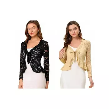 Набор из 2 комплектов женских укороченных кардиганов с завязками спереди и прозрачными кружевными подолами с рюшами и цветочным принтом ALLEGRA K, цвет Black Beige