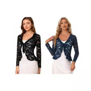 Набор из 2 комплектов женских укороченных кардиганов с завязками спереди и прозрачными кружевными подолами с рюшами и цветочным принтом ALLEGRA K, цвет Black Dark Blue