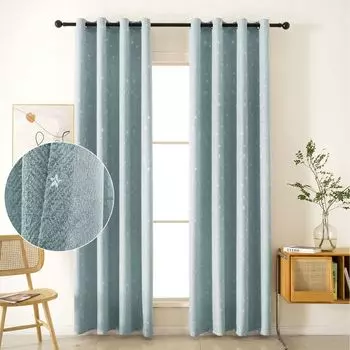 Набор из 2 льняных непрозрачных штор с вышивкой звезд и прозрачными шторами. Декоративная штора для гостиной, спальни, детской комнаты, Ш 132 x В 244 см, синяя. BTTO, синий