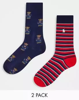 Набор из 2 носков/в полоску с медведем Polo Ralph Lauren темно-синего и красного цвета