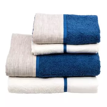 Набор из 2 пар льняной/сатиновой махровых полотенец с двойным краем - Amelia Lisola, цвет Panna/Blu