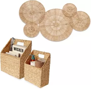 Набор из 2 плетеных подвесных корзин для хранения + 18-дюймовый плетеный джутовый настенный декор Chi An Home