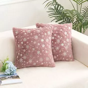 Набор из 2 плюшевых чехлов 45 х 45 см, декоративный чехол на подушку серебристого цвета со снежинками, розовый PMS
