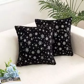 Набор из 2 плюшевых чехлов 45 x 45 см. Серебряный декоративный чехол со снежинкой для дивана, дивана, украшения для домашней кровати, черный PMS