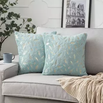 Набор из 2 плюшевых чехлов 45 x 45 см. Декоративный чехол на подушку с золотым пером для дивана, дивана, украшения для домашней кровати, зеленый PMS