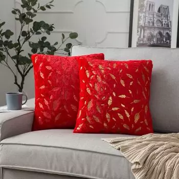Набор из 2 плюшевых чехлов 45 x 45 см, декоративный чехол с золотым пером для дивана, дивана, украшение для домашней кровати, красный PMS
