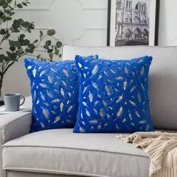 Набор из 2 плюшевых чехлов 45 x 45 см, декоративный чехол с золотым пером для дивана, дивана, украшение для домашней кровати, синий PMS