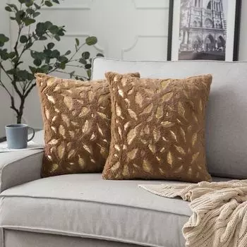 Набор из 2 плюшевых чехлов 45 x 45 см. Декоративный чехол на подушку с золотым пером для дивана, дивана, украшения для домашней кровати, коричневый PMS
