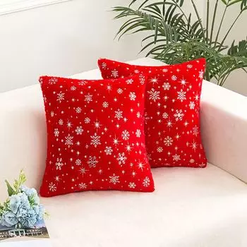 Набор из 2 плюшевых наволочек 45 х 45 см, декоративный чехол на подушку серебристого цвета со снежинками, красный PMS