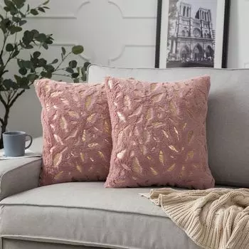 Набор из 2 плюшевых наволочек 45 x 45 см, декоративный чехол с золотым пером для дивана, дивана, украшения для дома, кровати, розовый PMS