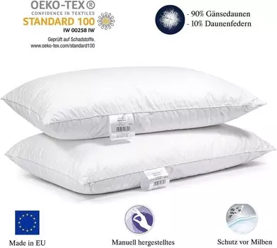 Набор из 2 | Подушка 50 х 70 см | 1000 грамм пуха, гусиного пуха | 100% натуральная трехкамерная подушка | Чехол: 100% хлопок | 3-х камерная пуховая подушка | Home-&-Fashion