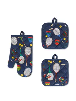 Набор из 2 прихваток и кухонных перчаток из чистого хлопка с принтом колледжа. Coincasa, синий