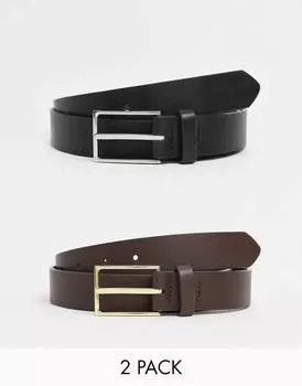 Набор из 2 ремней ASOS DESIGN Smart из черно-коричневой искусственной кожи с серебряно-золотой пряжкой