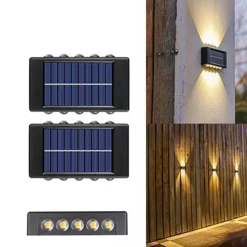 Набор из 2 садовых настенных светильников на солнечных батареях, теплый белый свет, 10 светодиодных настенных светильников, светильник вверх и вниз, декоративное настенное освещение, водонепроницаемое, для лестниц в патио winterbeauy