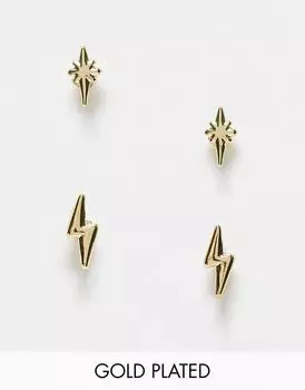 Набор из 2 серег-гвоздиков с золотыми звездами и молниями PIECES