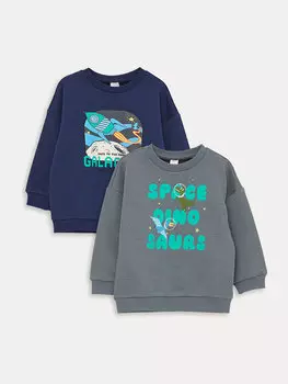 Набор из 2 свитшотов для маленьких мальчиков с круглым вырезом и длинными рукавами с принтом LCW ECO, темно-синий