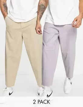 Набор из 2 зауженных брюк свободного кроя ASOS DESIGN бежевого цвета с отделкой из камня и серого цвета