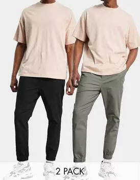 Набор из 2 зауженных джоггеров черного и хаки ASOS DESIGN