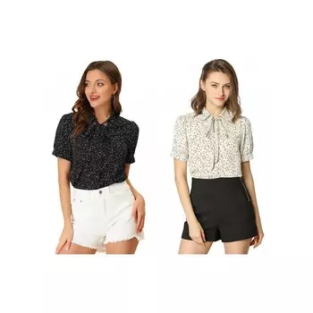 Набор из 2 женских блузок в горошек в стиле ретро, шифоновые блузки с воротником Питера Пэна и галстуком-бабочкой ALLEGRA K, цвет Cream White Black