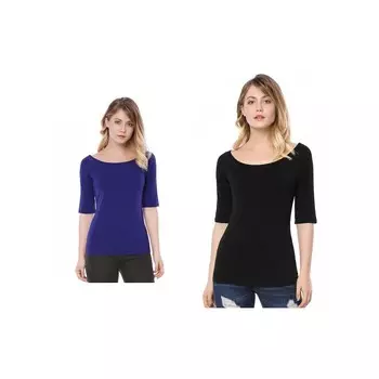Набор из 2 женских многослойных футболок с короткими рукавами и овальным вырезом ALLEGRA K, цвет Black Blue