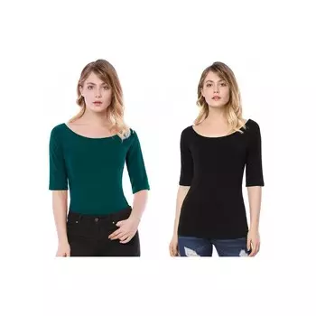 Набор из 2 женских многослойных футболок с короткими рукавами и овальным вырезом ALLEGRA K, цвет Black Dark Green