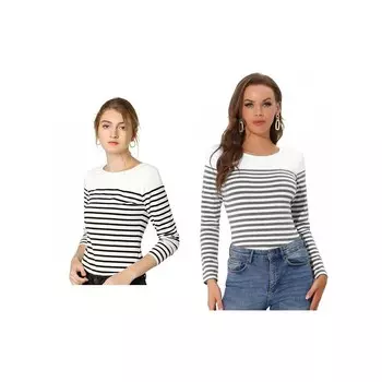 Набор из 2 женских повседневных футболок в полоску с длинными рукавами и цветными блоками ALLEGRA K, цвет Black White Gray