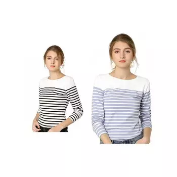 Набор из 2 женских повседневных футболок в полоску с длинными рукавами и цветными блоками ALLEGRA K, цвет Black White Light Blue